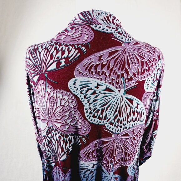 One World, Large, Butterfly Print Wrap, Ruched Sleeves, Blue/Purple/Maroon, Boho - Picture 9 of 16